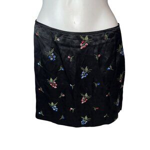 Vtg 90s Y2k XOXO Black Satin Mini Skirt Floral Embroidery Rayon Size 13/14